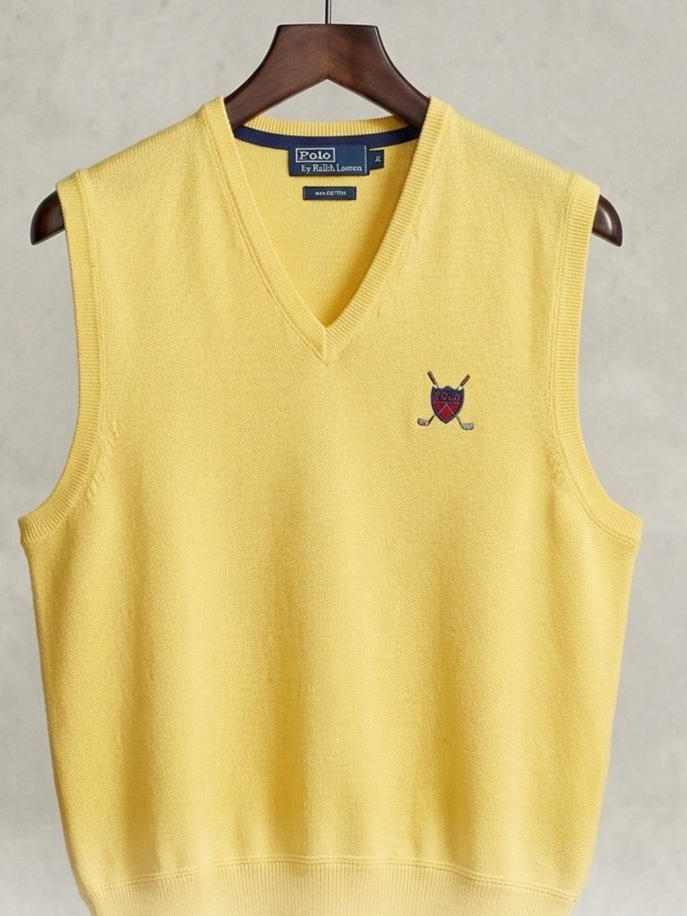 Ralph Lauren Yellow V-Neck Sweater Vest with Embroidered Crest